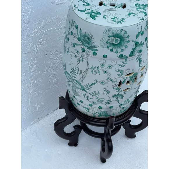 Vintage Antique Chinese Green White Porcelain Floral Garden Stool Plant Stand - Picture 6 of 15